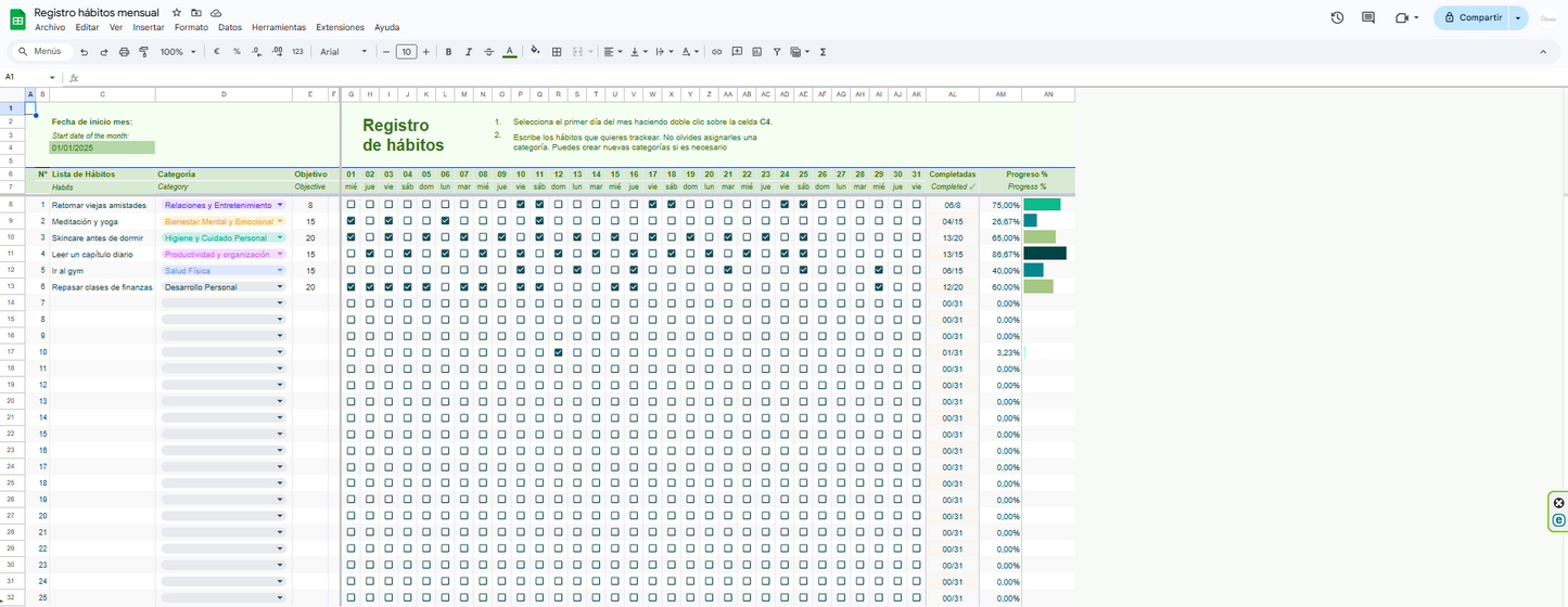 Google Sheets Registro de hábitos